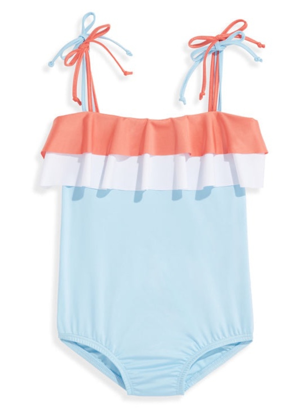 Bella Bliss Newport Light Blue One-Piece Swimsuit with Coral & White Ruffle